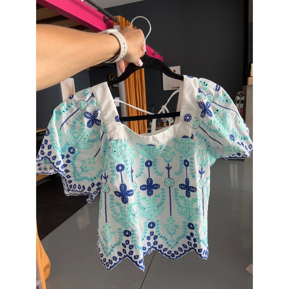 Taelynn White Eyelet Floral Embroidered Tie Back Puff Sleeve Top Small HT284331